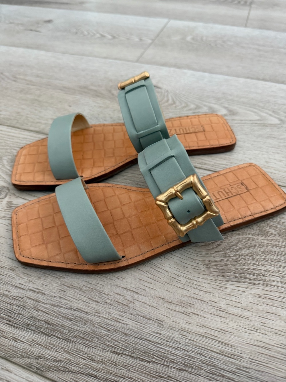 SCHUTZ Green Leather Slide Sandals with Gold Buckle